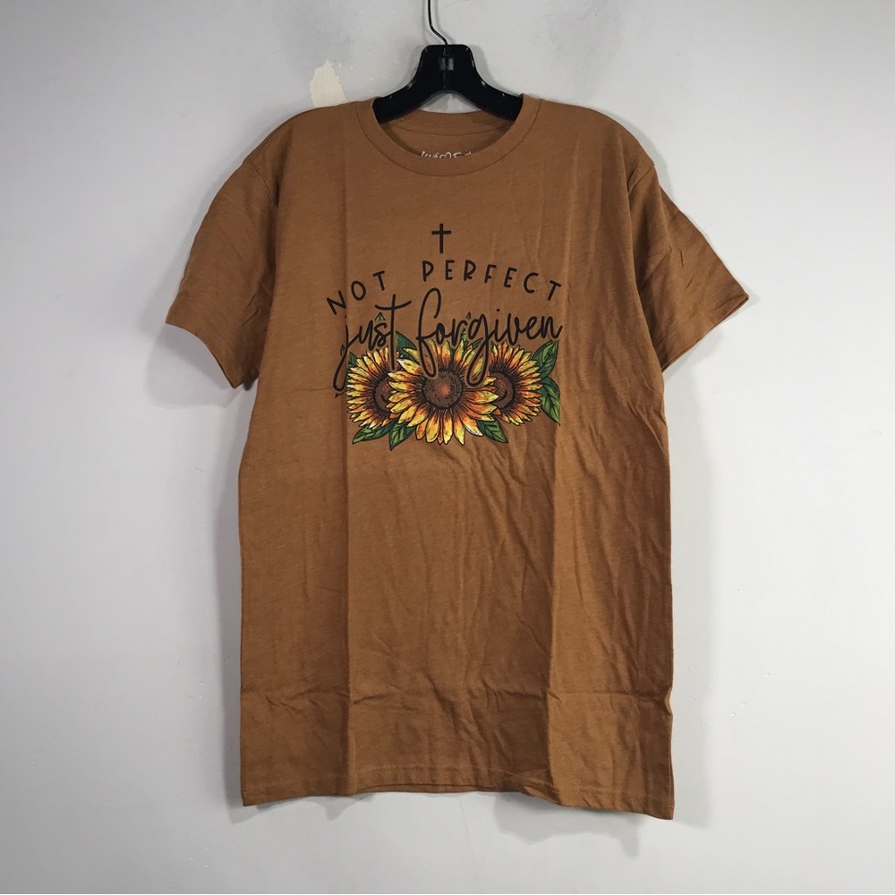 Love in Faith not Perfect Just Forgiven Sunflower Tee, Women's Size M - Brown